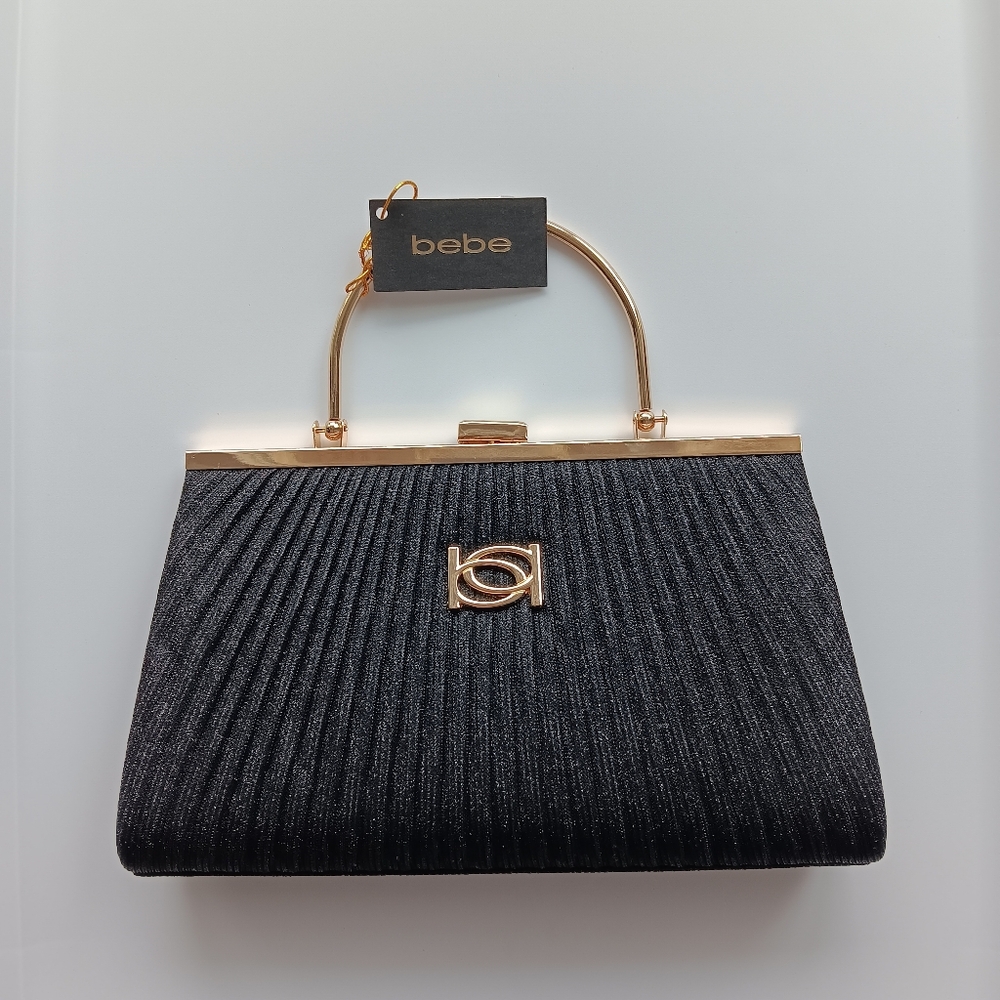 NEW bebe Formal Evening Bag Black Metallic Gold Pleated Snap Closure Clutch Gift - Picture 11 of 11